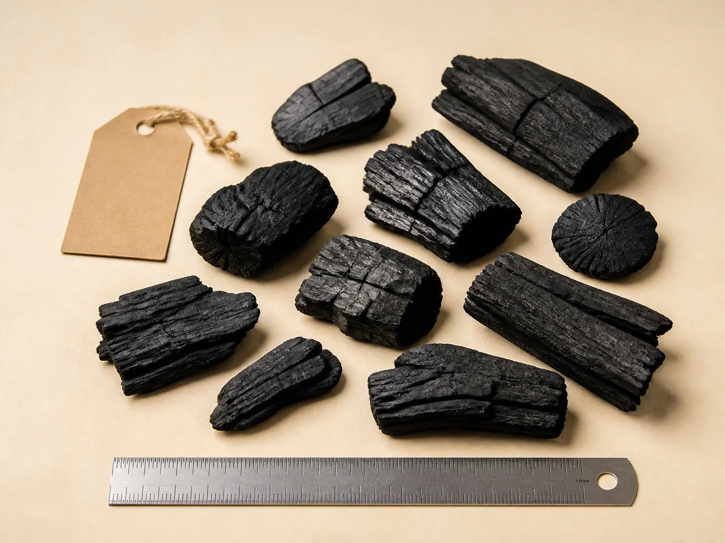 Premium natural hardwood lump charcoal on a grading surface