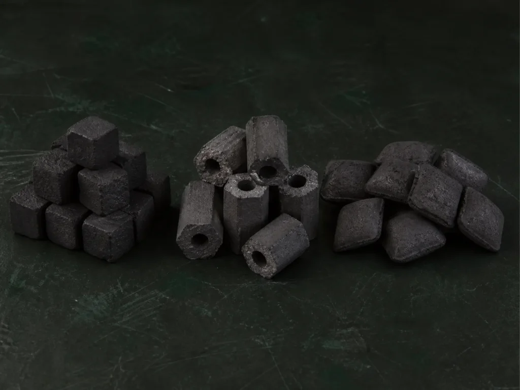Coconut shell charcoal cubes, hexagons and pillow briquettes