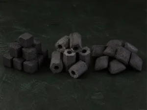 Coconut shell charcoal cubes, hexagons and pillow briquettes