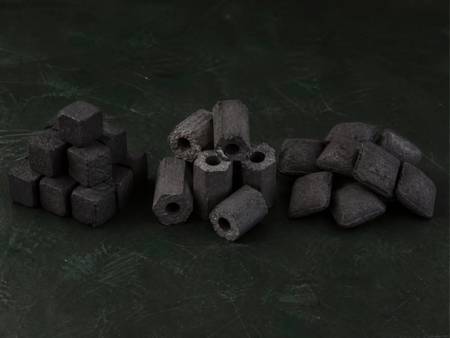 Coconut shell charcoal cubes, hexagons and pillow briquettes