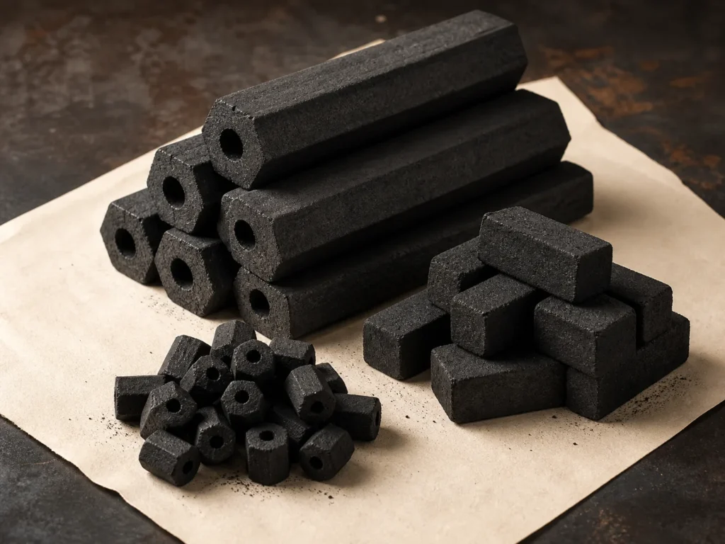 Long and compact sawdust briquette charcoal with airflow holes