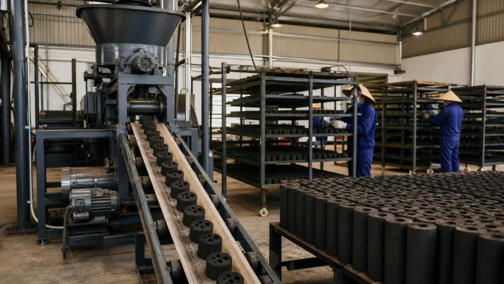 Organized charcoal forming and drying production line