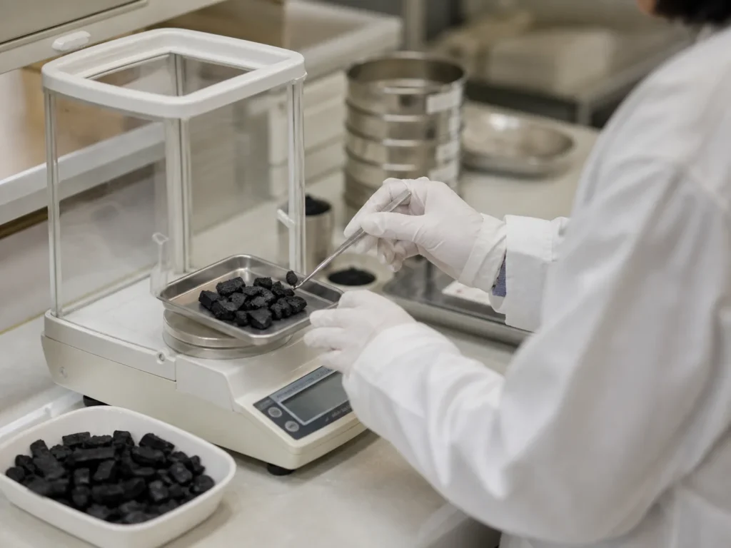 Technician inspecting charcoal samples at a quality bench