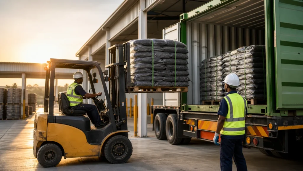 Packaged charcoal prepared for export container loading